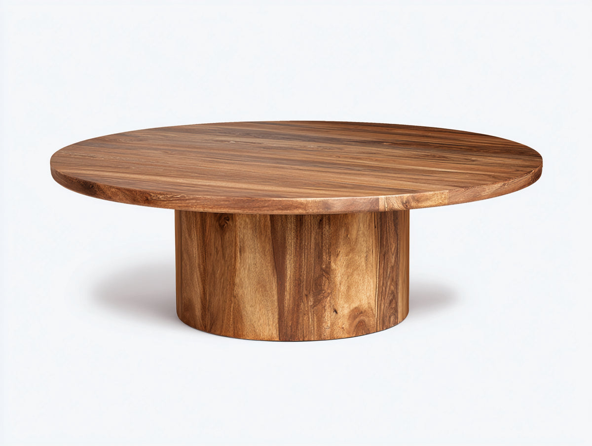 Couchtisch aus braunem Holz Ø110×40 cm - runde Platte mit Zylindersockel für Wohnzimmer