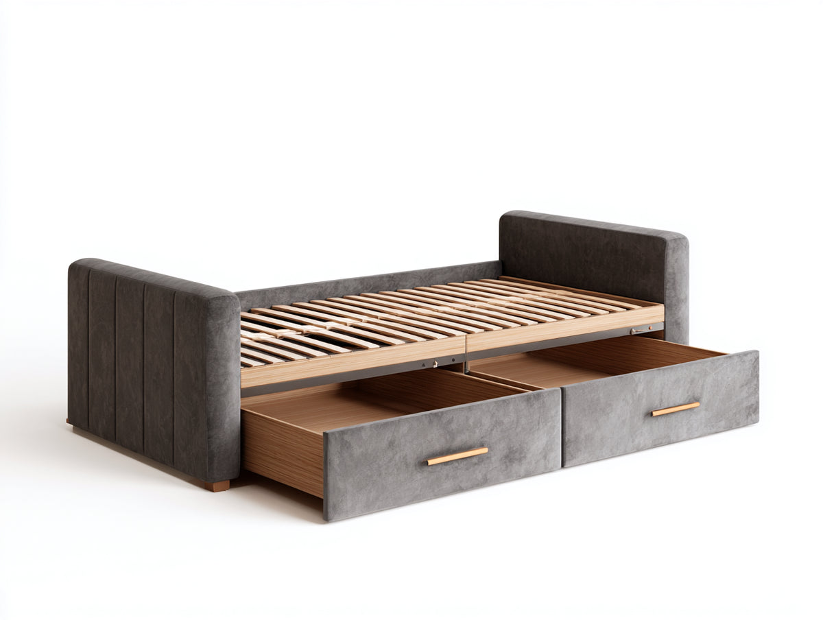 Sofa-Tagesbettgestell aus grauem Stoff und braunem Holz 210 × 100 × 85 cm - Lattenrost mit 2 Schubkästen für Wohnzimmer