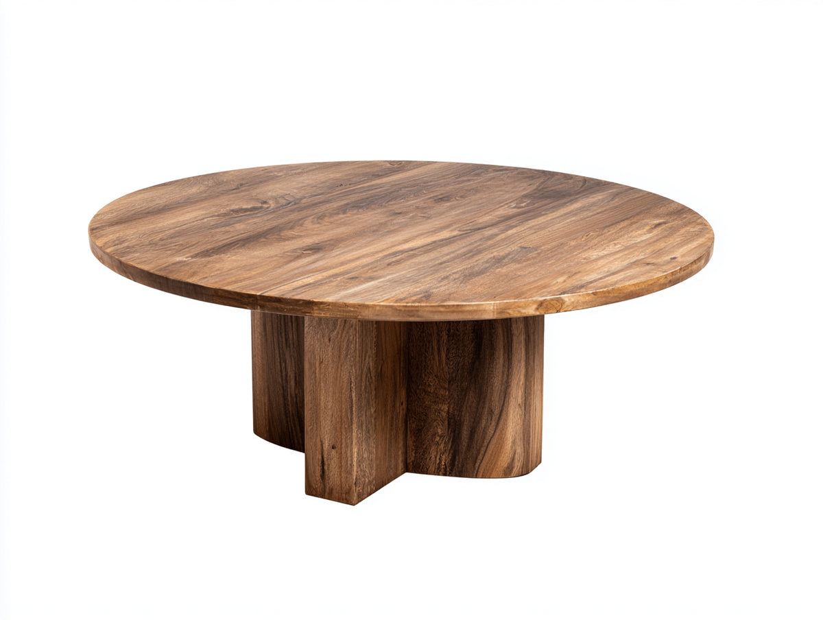 Couchtisch aus naturbraunem Holz Ø105×42 cm - runde Platte mit skulpturalem Formgestell für Wohnzimmer