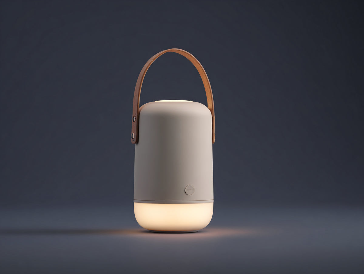 Schreibtischlampe aus Kunststoff 18×18×32 cm – Taupe Braun und Warmweiß – tragbare Laternenform für Schlafzimmer