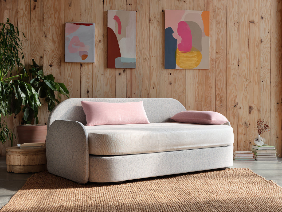 2-Sitzer Sofa aus Webstoff 205×96×82 cm – Hellgrau/Creme – Rollauszug für Wohnzimmer