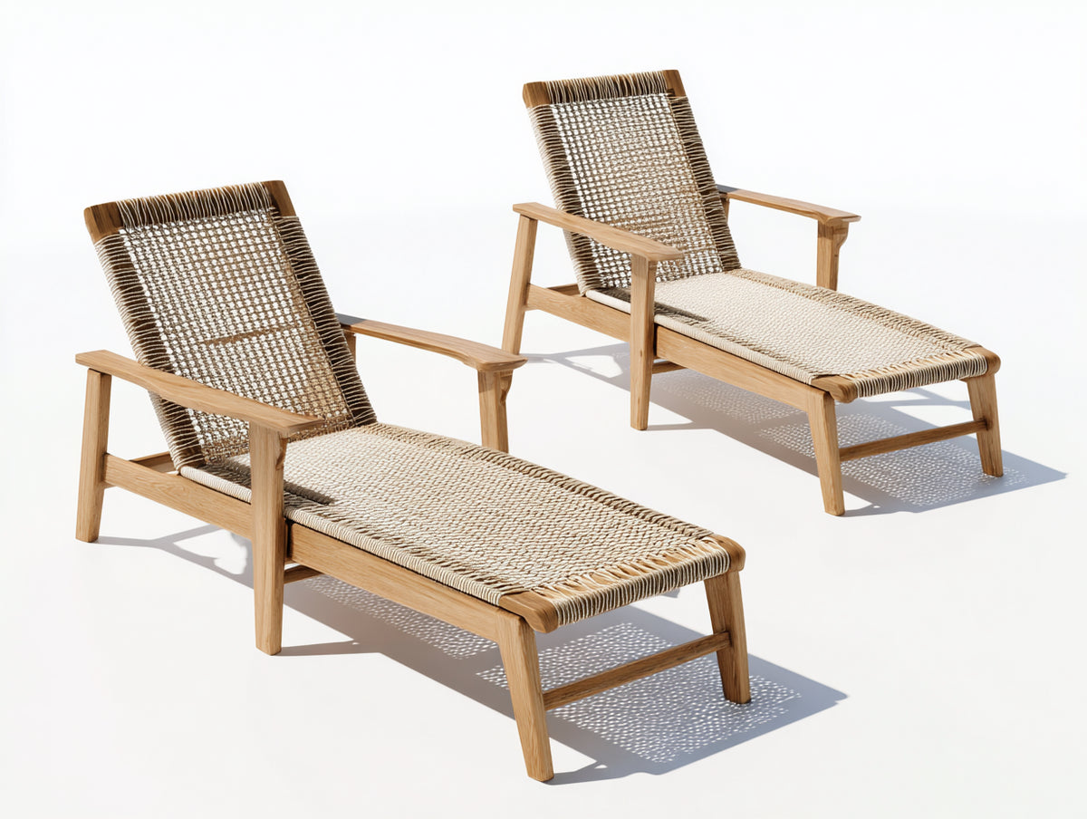Lounge-Sessel 188×68×90 cm - Naturholz Beige - 2er-Set mit langer Geflechtliege für Terrasse