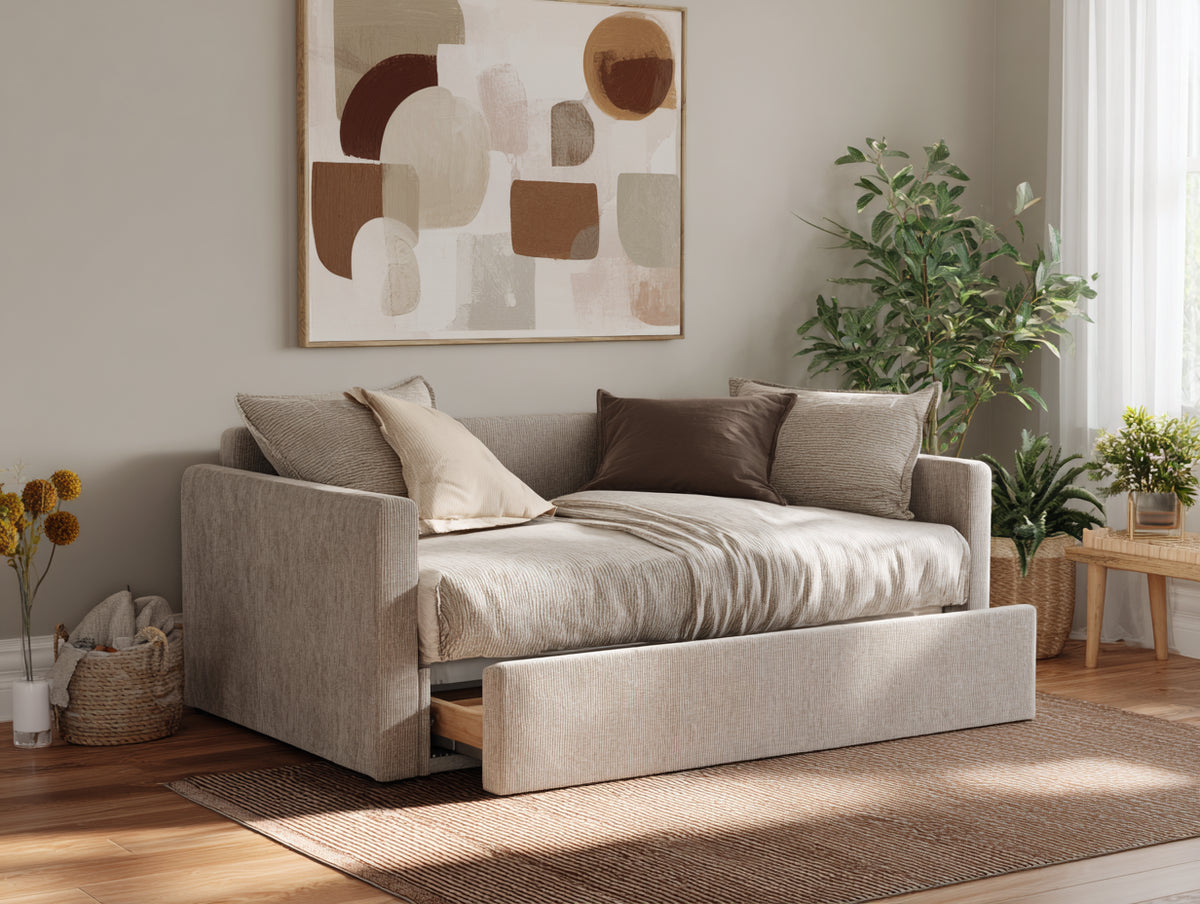 Sofa aus Webstoff 210×100×85 cm – Greige – ausziehbare Ruhefläche für Wohnzimmer