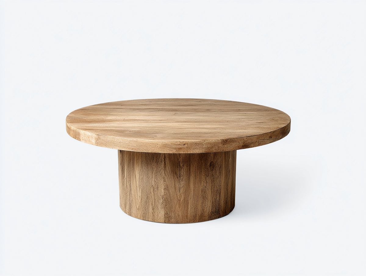 Couchtisch aus Akazienholz 100×100×42 cm – Naturbraun – runde Platte mit Zylindersockel für Wohnzimmer