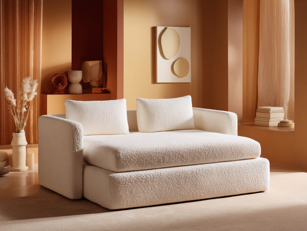 Sofa 195×92×68 cm - Cremeweiß - Bouclébezug mit weich gerundeter Relaxform