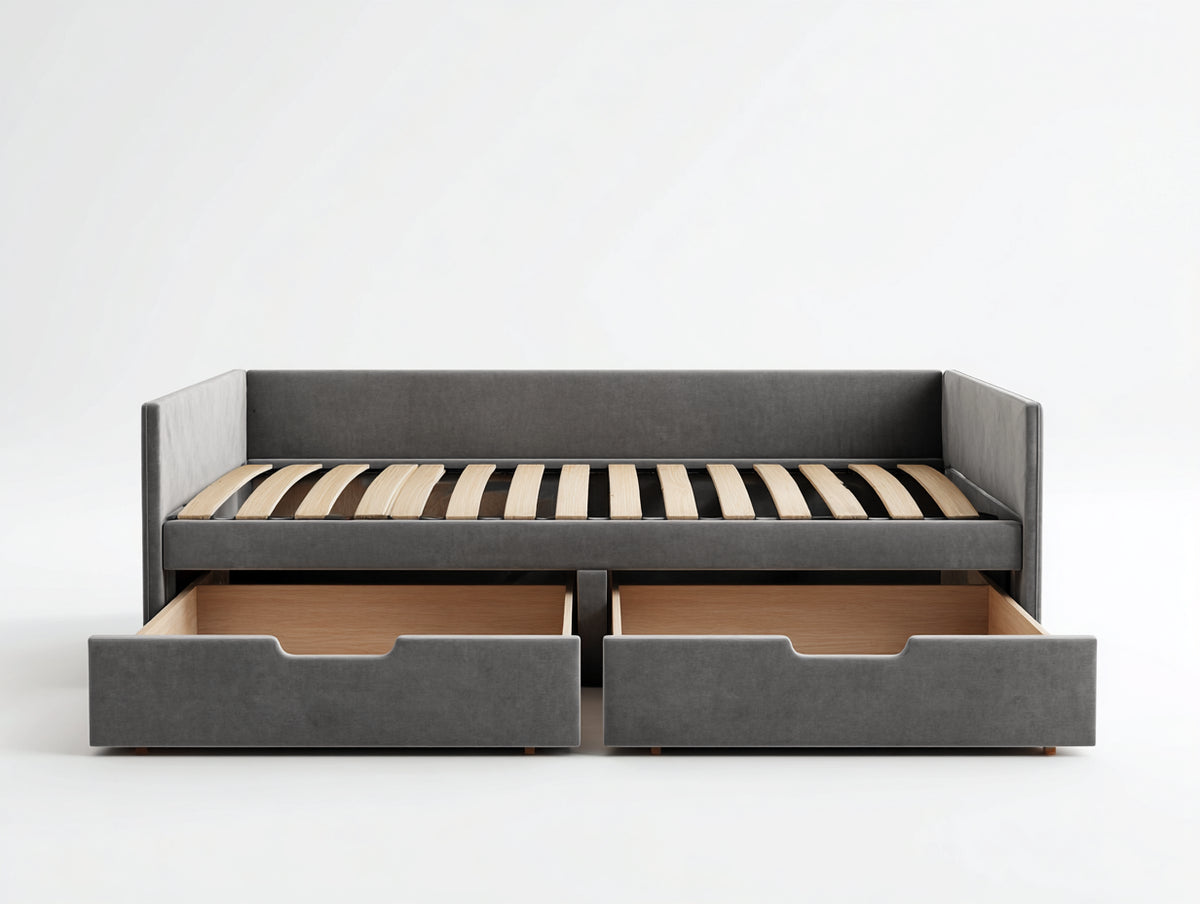 Sofa aus Samt und Holz 210×100×80 cm – Anthrazit/Naturholz – Federholzleisten mit 2 Schubladen für Wohnzimmer