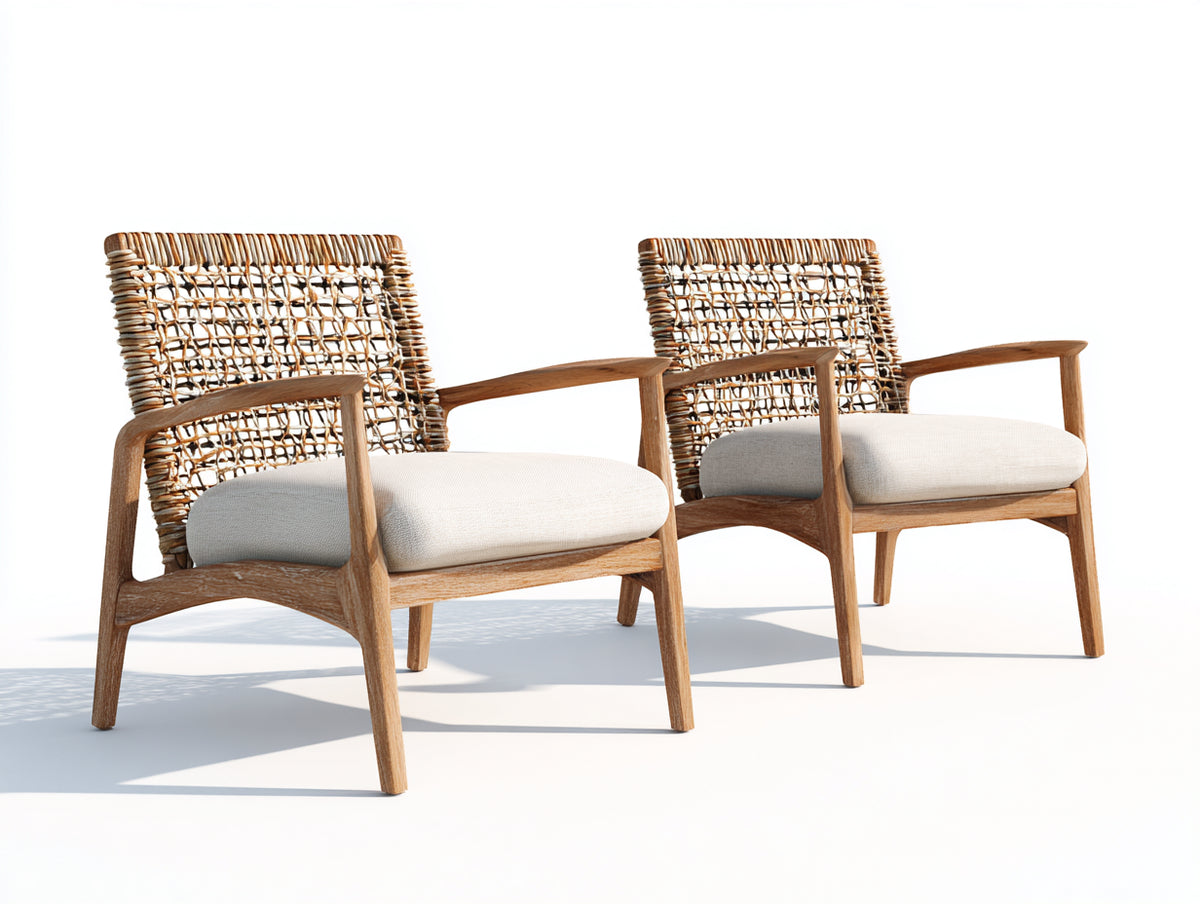 Lounge-Sessel 2er-Set aus braunem Holz und Geflecht 70×76×85 cm - Cremefarbene Sitzfläche für Terrasse