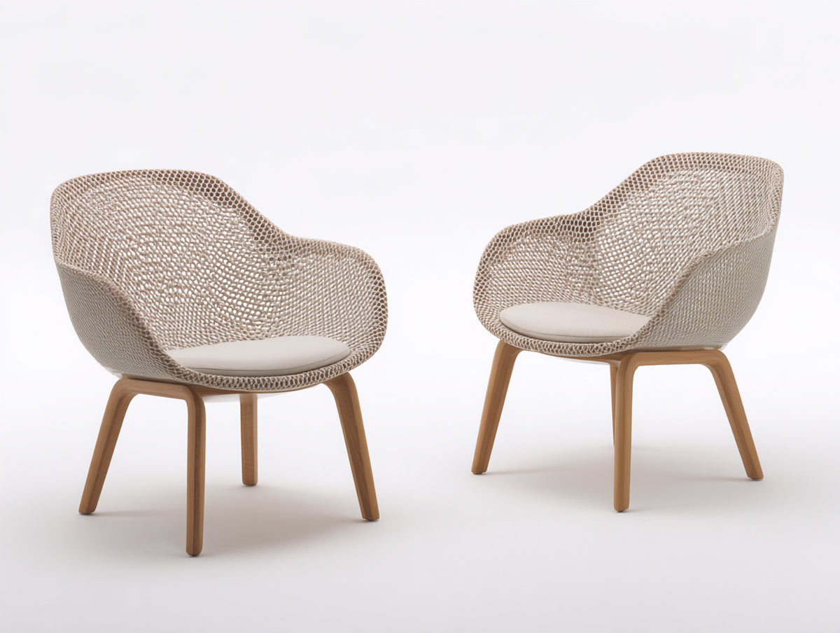 Lounge-Sessel 68×64×80 cm - Creme Naturholz - 2er-Set mit Flechtschale und Sitzauflage für Terrasse