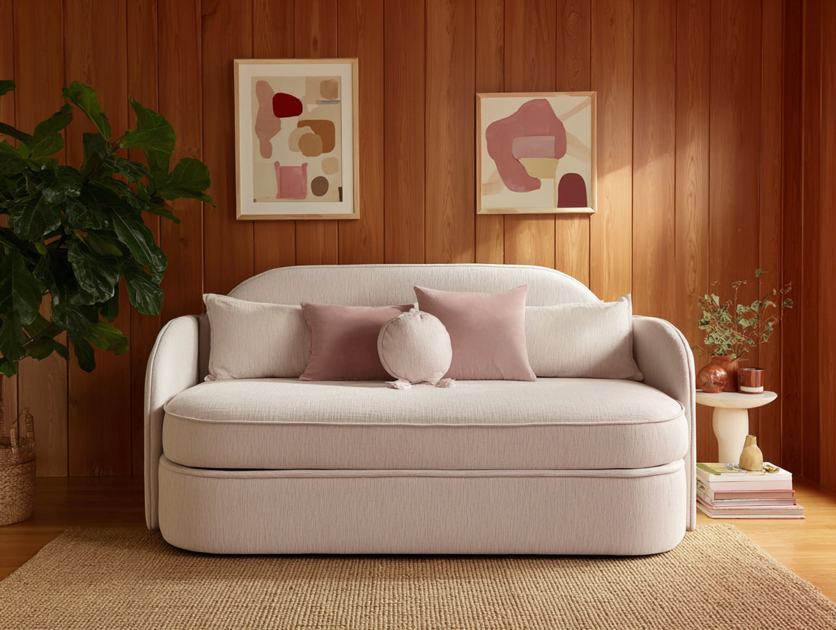 2-Sitzer Sofa aus Strukturstoff 208×98×84 cm – Creme – gerundete Form mit Liegefunktion für Wohnzimmer