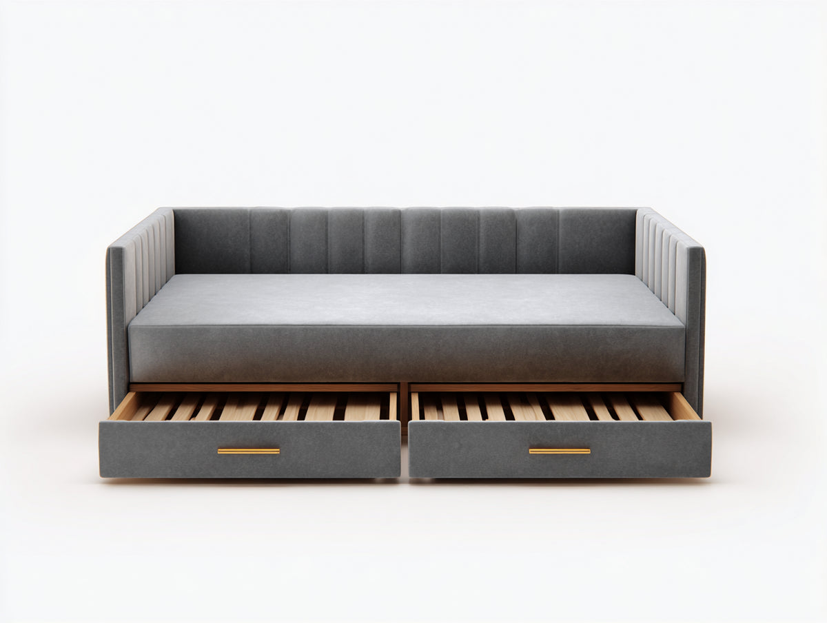 Sofa mit Liegefläche aus grauem Stoff und braunem Holz 210 × 100 × 85 cm - 2 Auszüge für Wohnzimmer