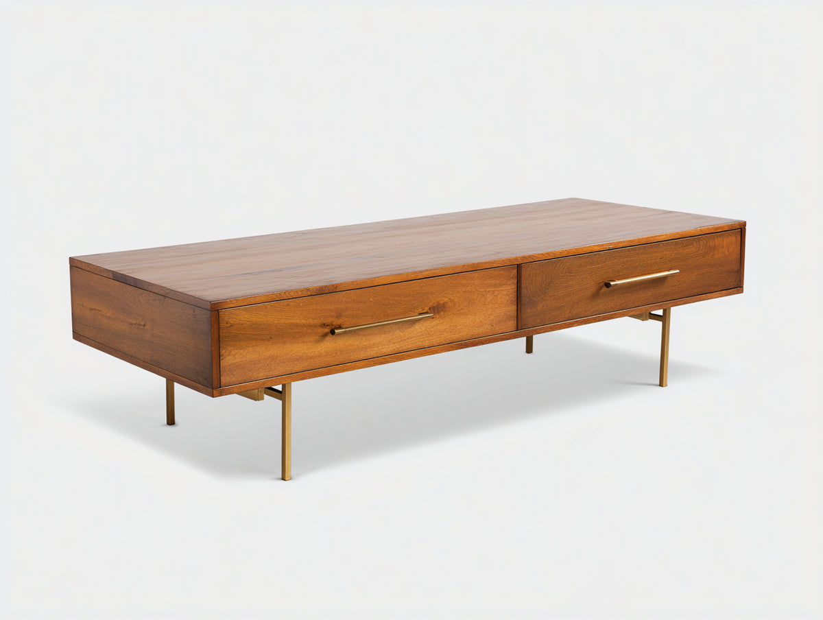 Couchtisch 145×72×40 cm - mittelbraune Holzoptik Gold - mit breiten Schubladen für Wohnzimmer