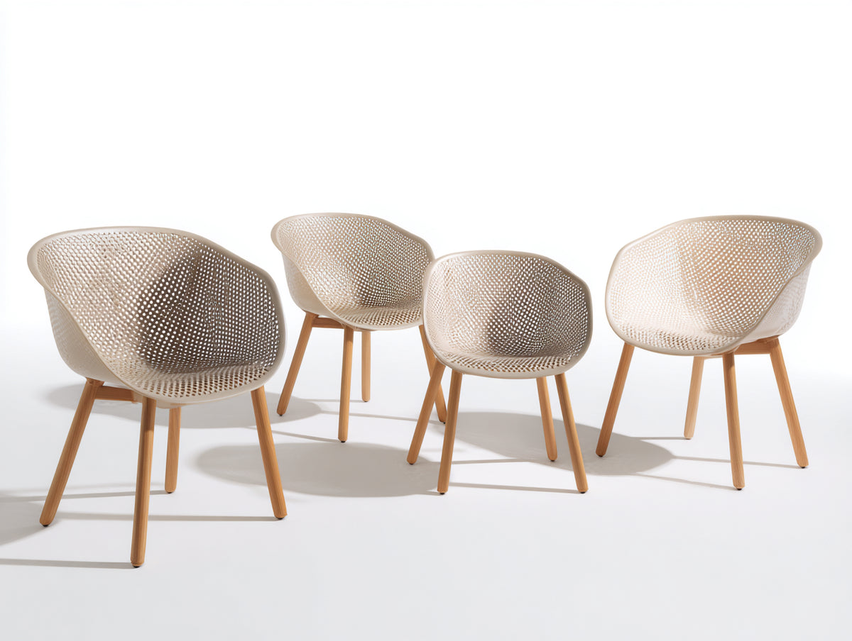 Lounge-Sessel 62×60×79 cm - Beige Naturholz - 4er-Set mit luftiger Netzschale für Terrasse