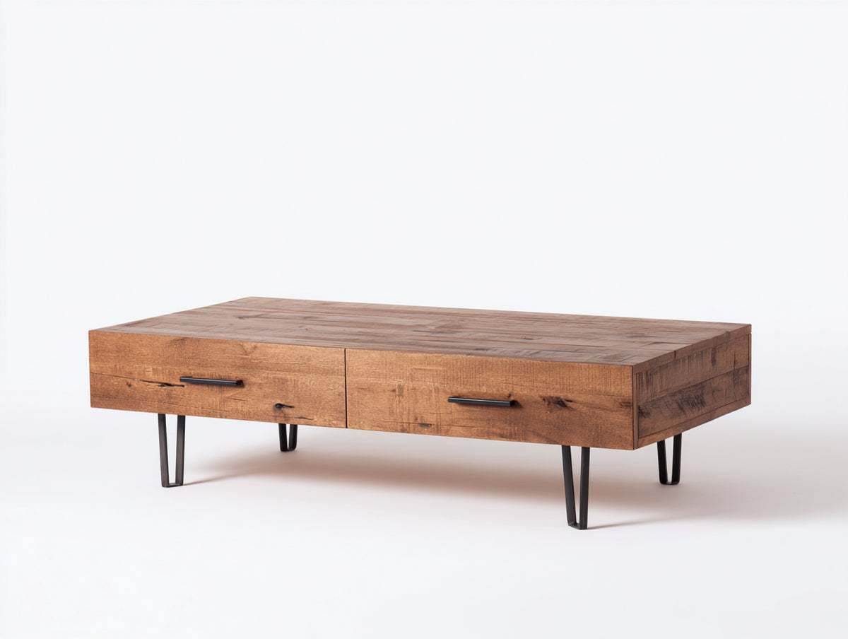 Couchtisch aus Holz und Metall 120×65×42 cm – Rustikales Braun und Schwarz – 2 Schubladen im Industriedesign