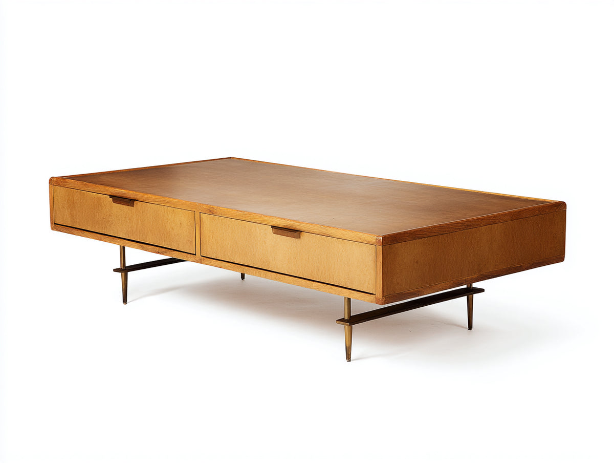 Couchtisch aus Holz und Metall 130×70×40 cm – Honigbraun und Antikmessing – 2 Schubladen für Wohnzimmer