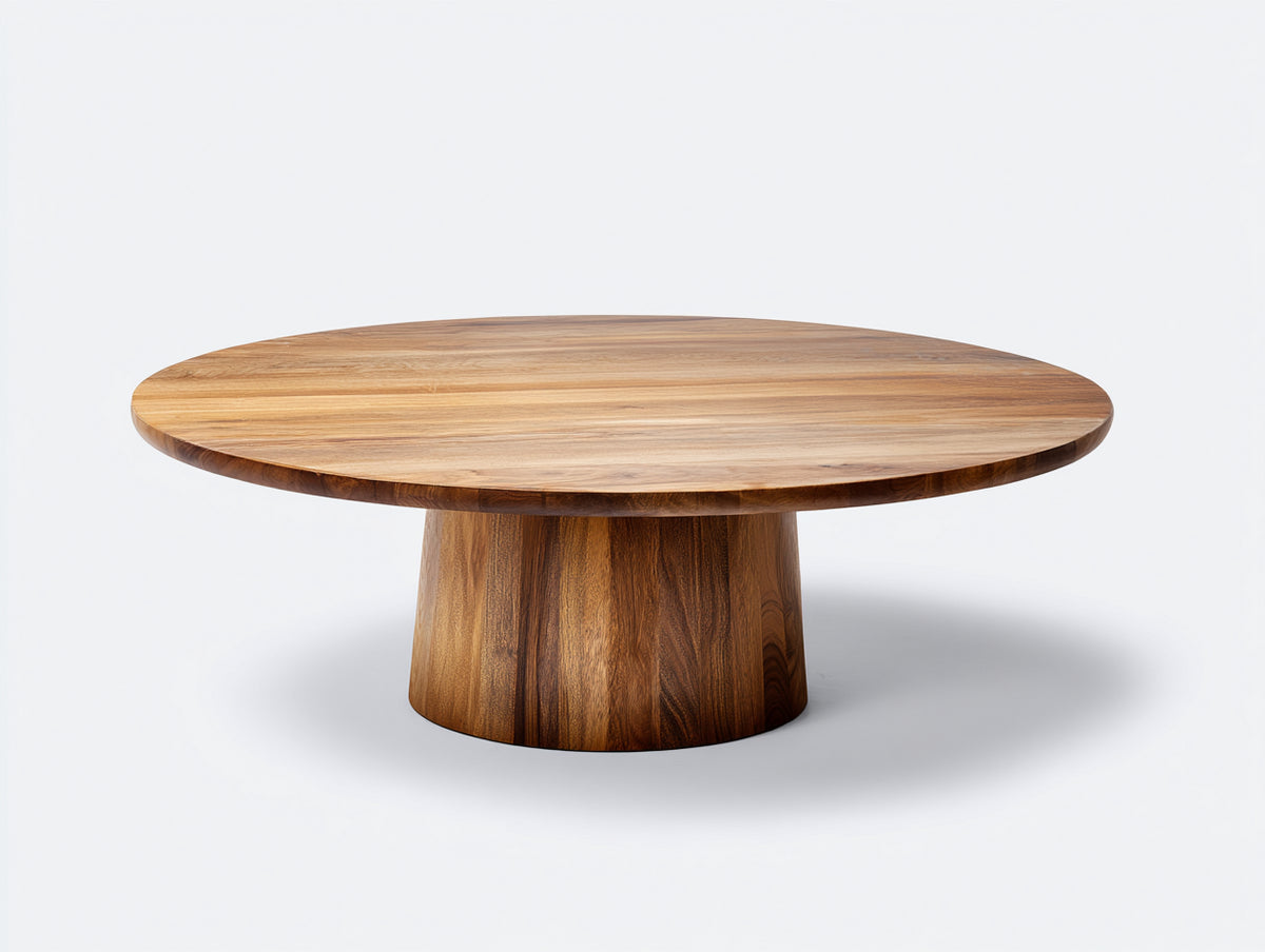 Couchtisch aus Akazienholz 110×110×40 cm – Warmbraun – breite Rundplatte auf konischem Sockel für Wohnzimmer