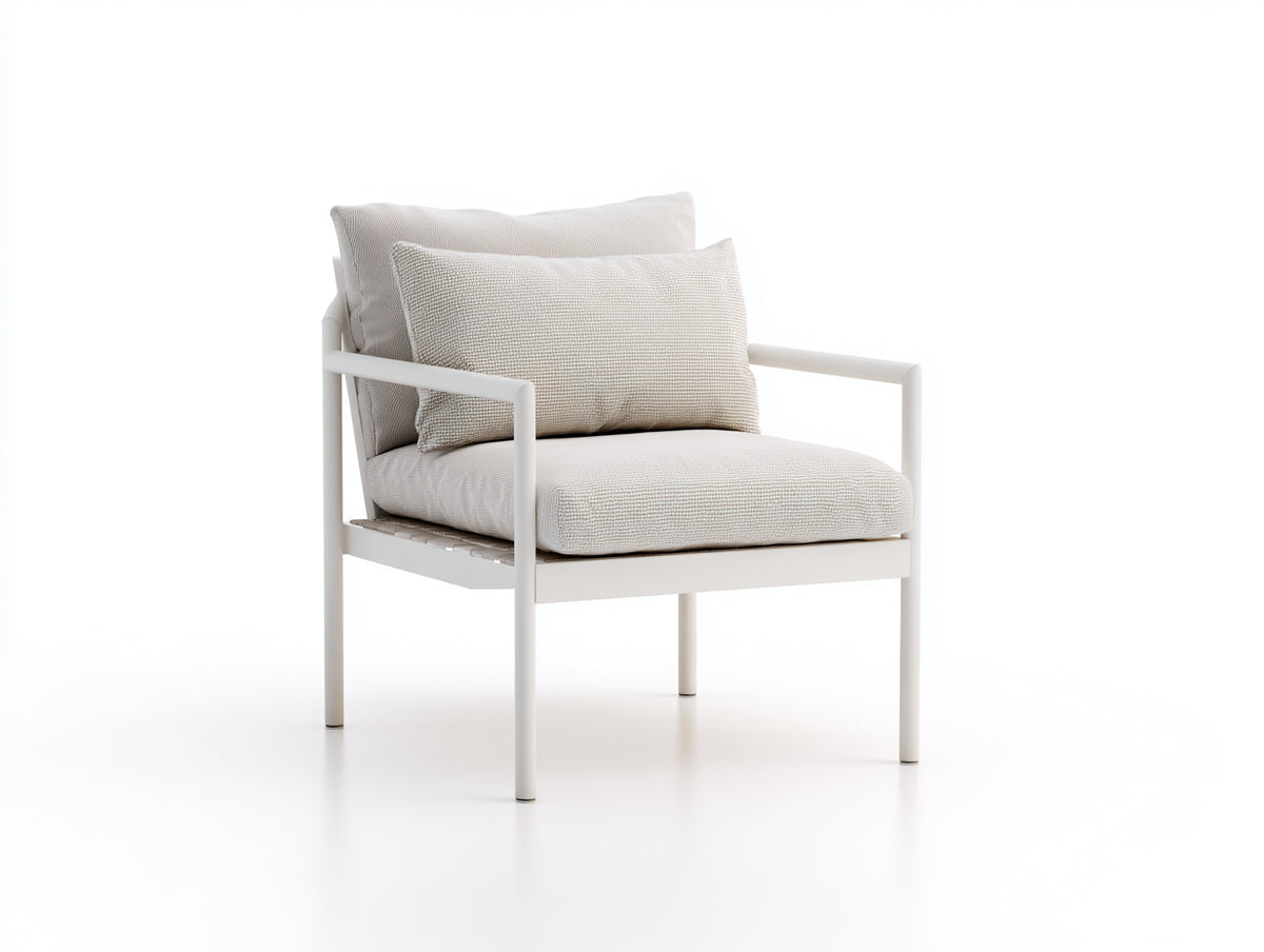 Lounge-Sessel aus Metall und Strukturstoff 74×78×80 cm – Cremeweiß und Weiß – gepolsterter Komfort für Terrasse