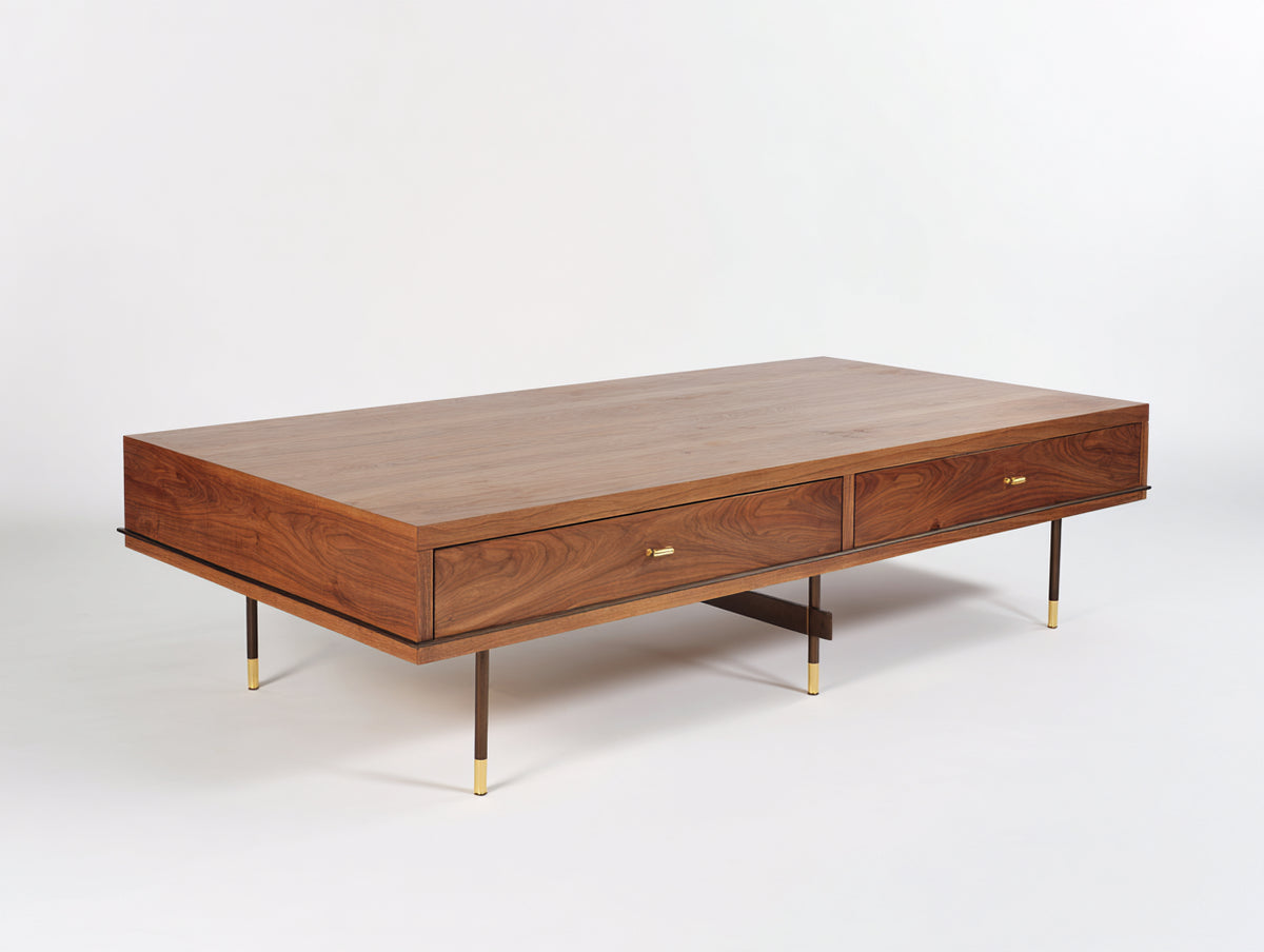 Couchtisch 140×70×42 cm - dunkelbraune Holzoptik Gold - mit 2 Schubladen für Wohnzimmer
