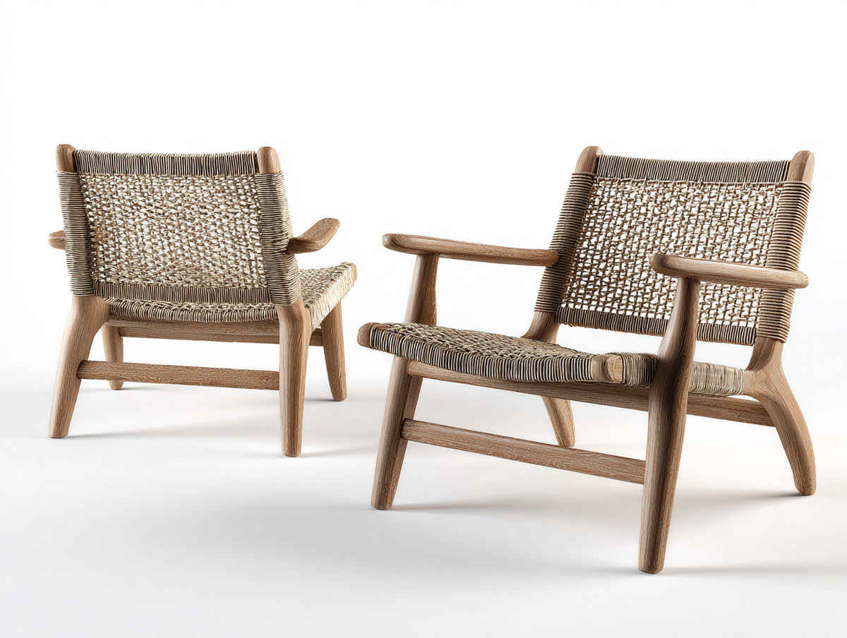 Lounge-Sessel im 2er-Set aus Holz und Seilgeflecht 68×78×76 cm – Naturbraun und Beige – geneigte Rückenform für Terrasse