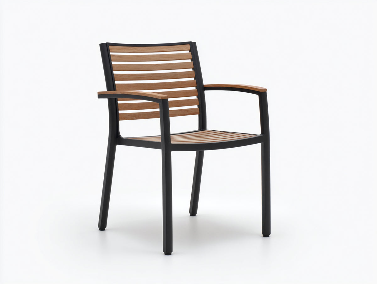 Lounge-Sessel aus schwarzem Metall und braunem Holz 58×62×88 cm - Lattenform mit Armlehnen für Terrasse