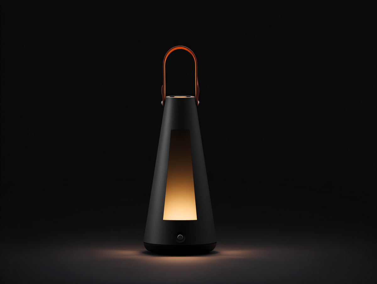 Schreibtischlampe aus Strukturkunststoff 20×20×45 cm – Schwarz Orange und Warmweiß – Kegelform mit Tragegriff für Schlafzimmer