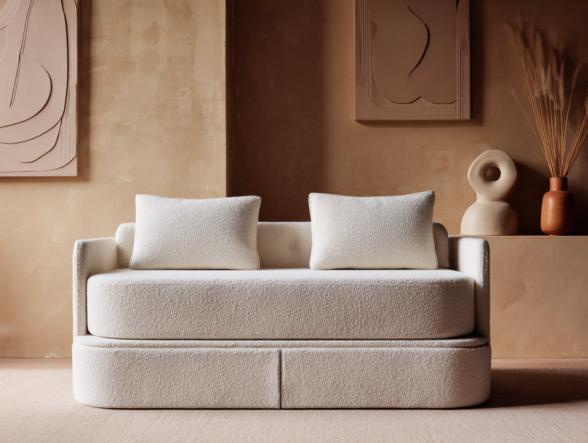 2-Sitzer Sofa aus Strukturstoff 205×95×82 cm – Elfenbein – gerundeter Sockel mit 2 Schubladen für Wohnzimmer